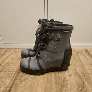 Sorel Women's Blue Gray Lace-Up Wedge Rain Boots